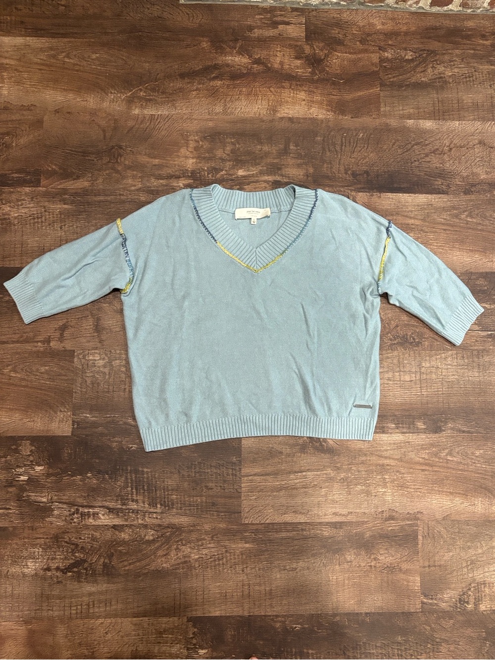 Peace Love World Light Blue V-Neck Sweater with Yellow Trim
